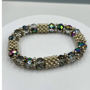 Vintage Iridescent Crystal Beaded Bracelet Silver Tone 7 Inch Aurora Borealis AB